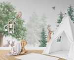 Watercolor Wild Animals in Foggy Forest Wall Mural