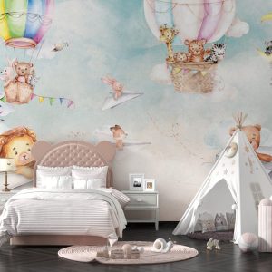 Abstract Animals in Zepplin over Clouds Wallmural