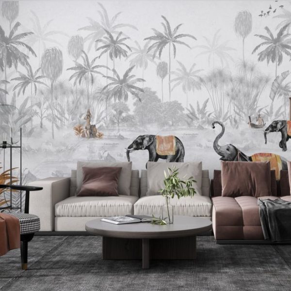 Elephants In The Forest Gray Tone Wallmural