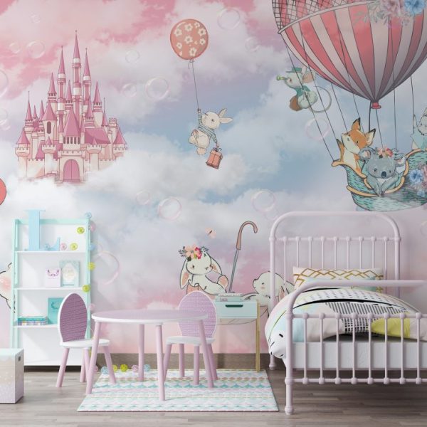 Pink With Castle And Animals Balloons In The Sky Wallpaper