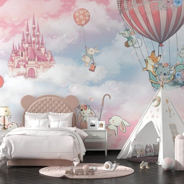 Pink With Castle And Animals Balloons In The Sky Wallpaper