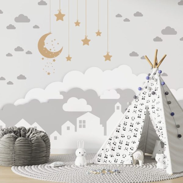 Moon And Clouds Kids Room Wallpaper