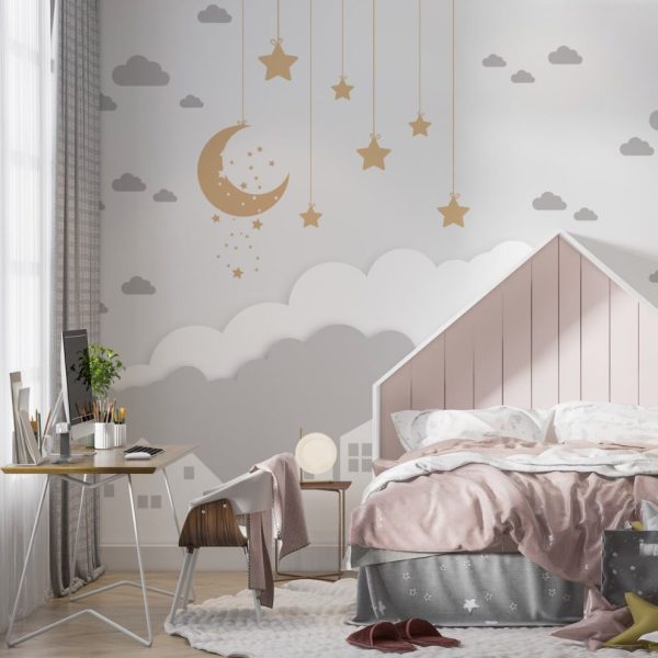 Moon And Clouds Kids Room Wallpaper