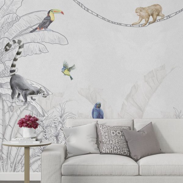 Tropical Sketch Animals Design Wallpaper