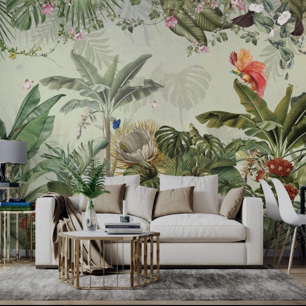 Tropical Leaves And Birds Design Wallpaper