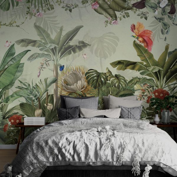 Tropical Leaves And Birds Design Wallpaper