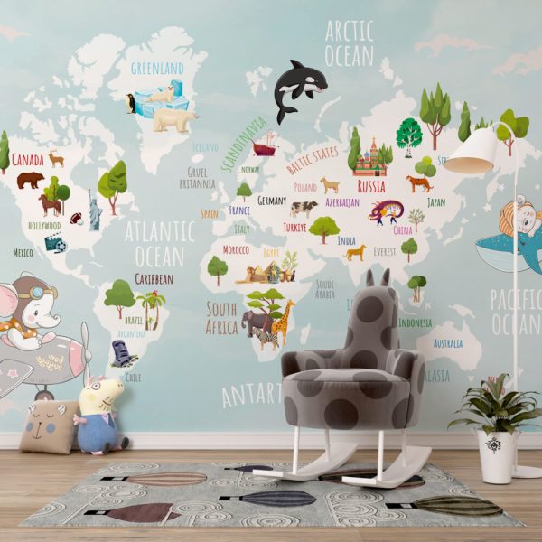 Turquoise Background Animal Child Map 3D Wallpaper