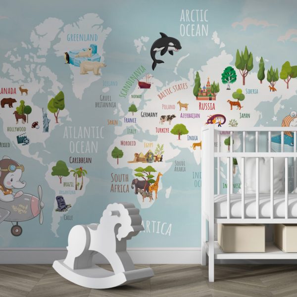 Turquoise Background Animal Child Map 3D Wallpaper