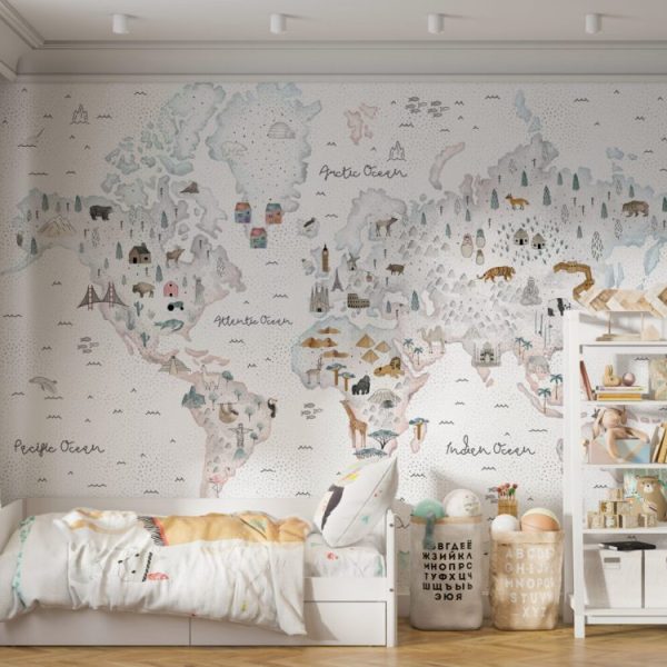 Children'S Map With Watercolor Look And Animals Wallpaper
