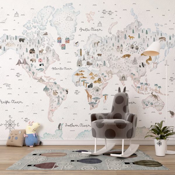 Children'S Map With Watercolor Look And Animals Wallpaper