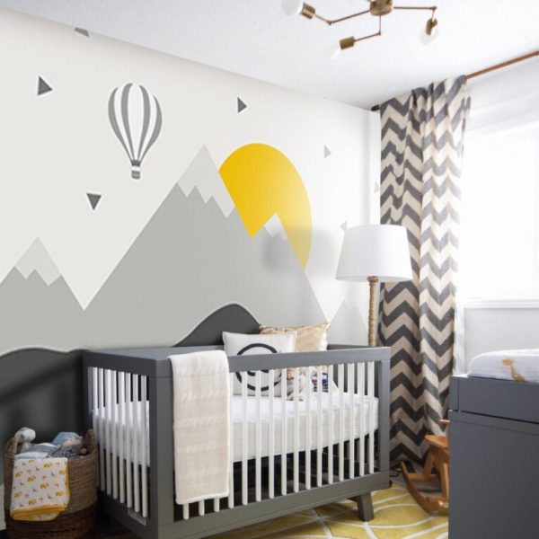 Gray Tones Mountains With Sun Wall Mural