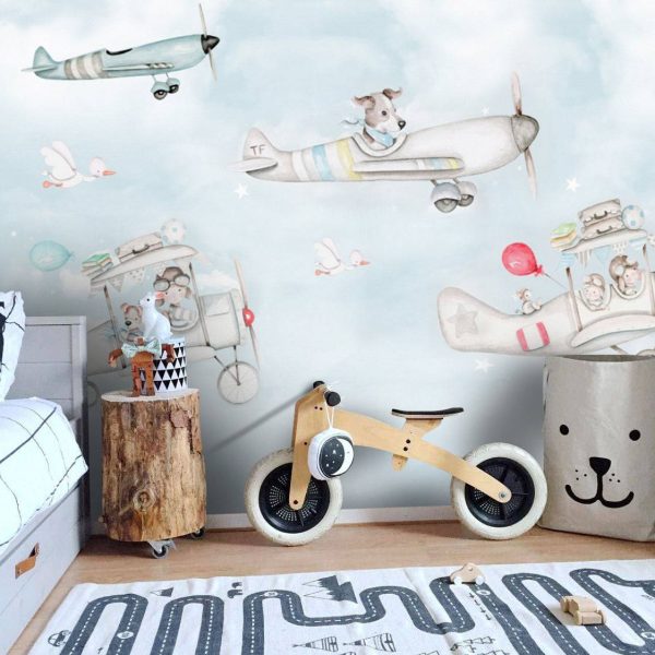 Cartoon Animal Pilots Airplanes Wall Mural