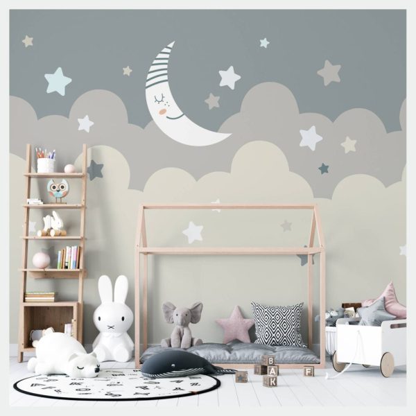 Cloudy Sky Stars And Moon Wall Mural