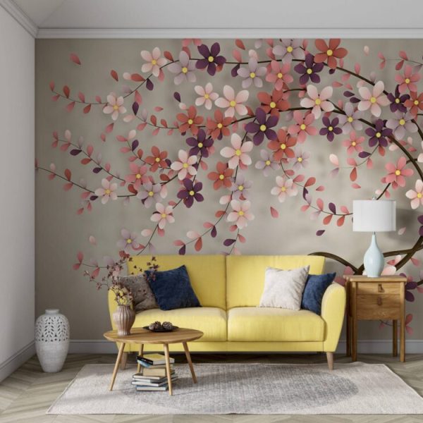 3D Flowers On Branch Wall Mural