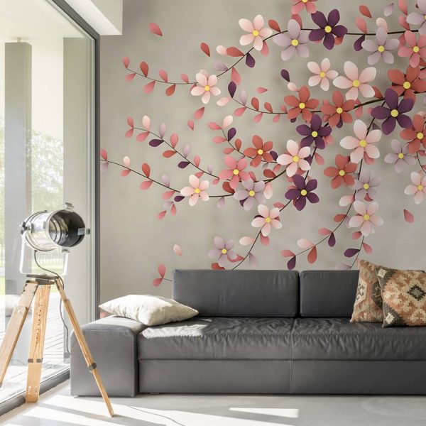 3D Flowers On Branch Wall Mural