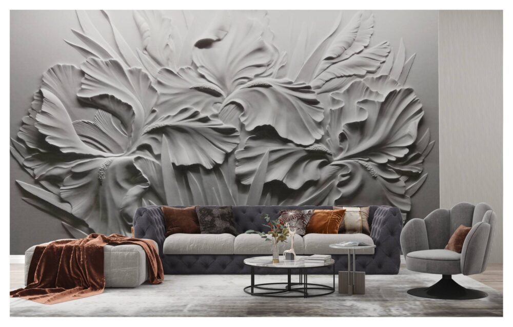 3D Embossed Grayscale Flowers Wallpaper 3D Shape Wall Mural