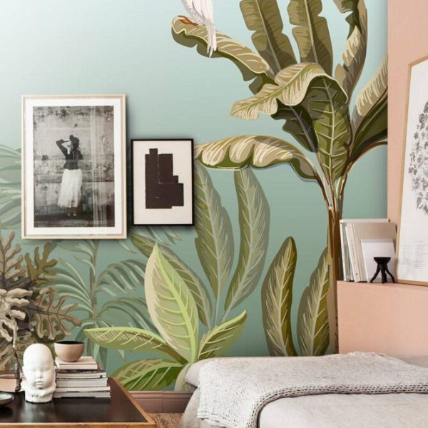 Leaves With Giraffe And Parrot Wall Mural