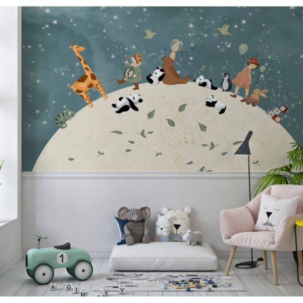 Cartoon Animals On Moon Wall Mural