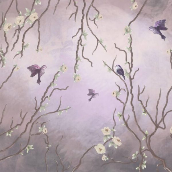 Purple Tones Birds Apricot Tree Wall Mural