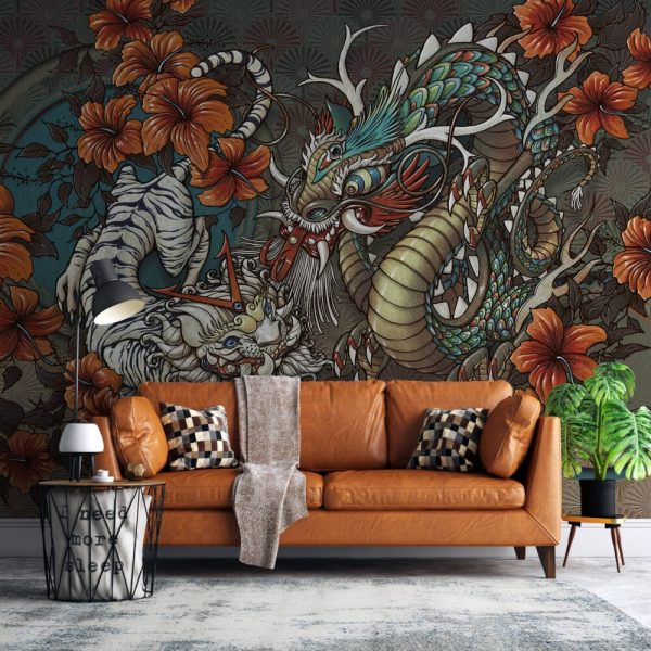 Orange Tones Dragon Designed Wall Mural