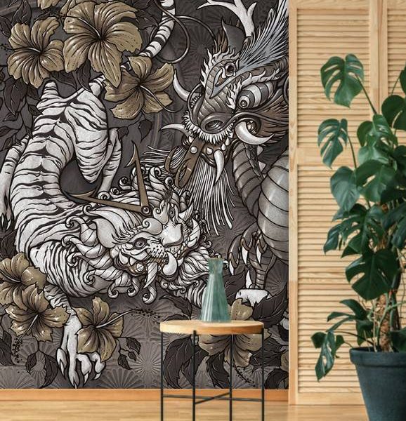 Grey Tones Dragon Designed Wall Mural