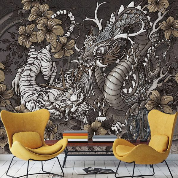 Grey Tones Dragon Designed Wall Mural