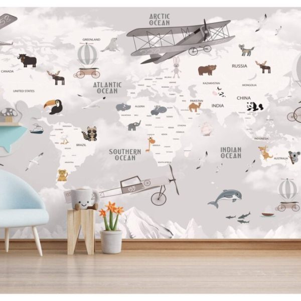 Gray Tones Air Crafts World Map Wall Mural