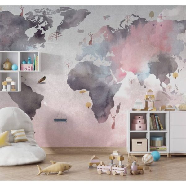 Pink Tones Kids World Map Wall Mural