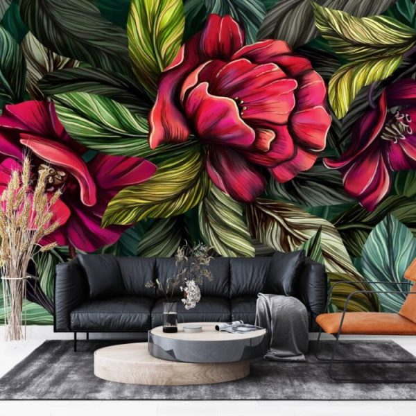 Green And Red Tones Floral Wall Mural