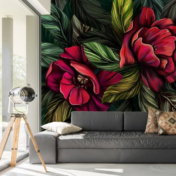 Green And Red Tones Floral Wall Mural