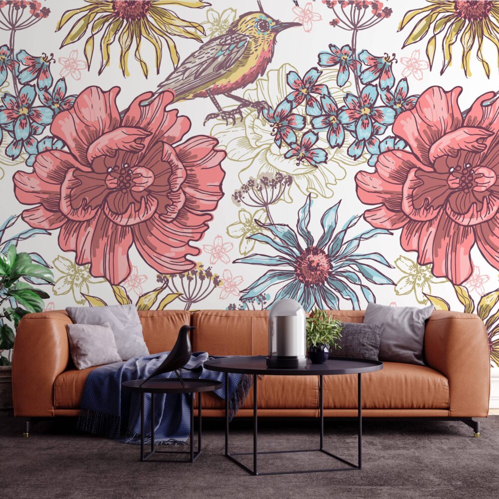 Big Flowers and Birds Wall Mural
