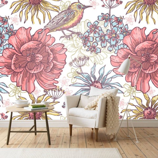 Big Flowers And Birds Wall Mural