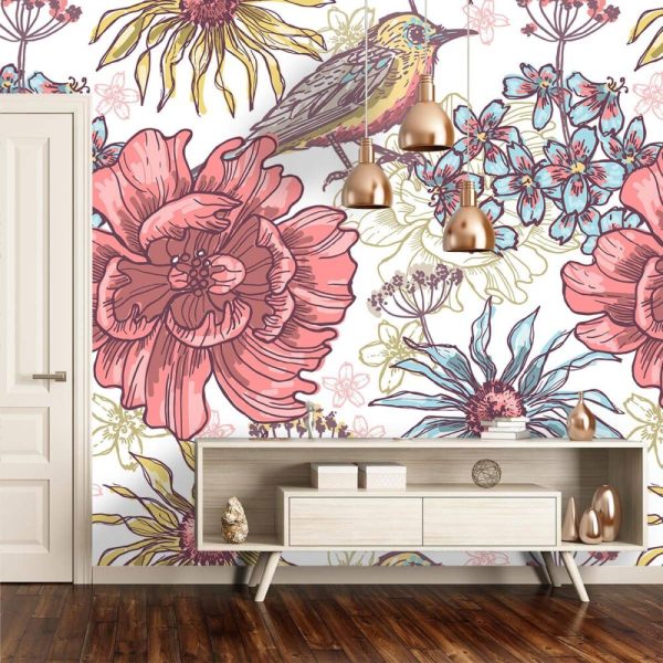 Big Flowers And Birds Wall Mural