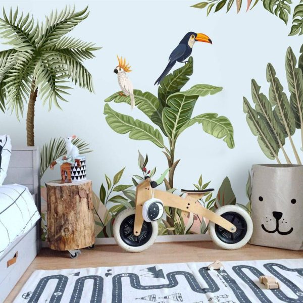 Tropical Parrots Trees Flowers Wall Mural