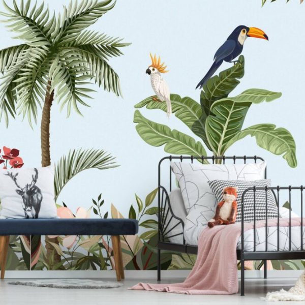 Tropical Parrots Trees Flowers Wall Mural