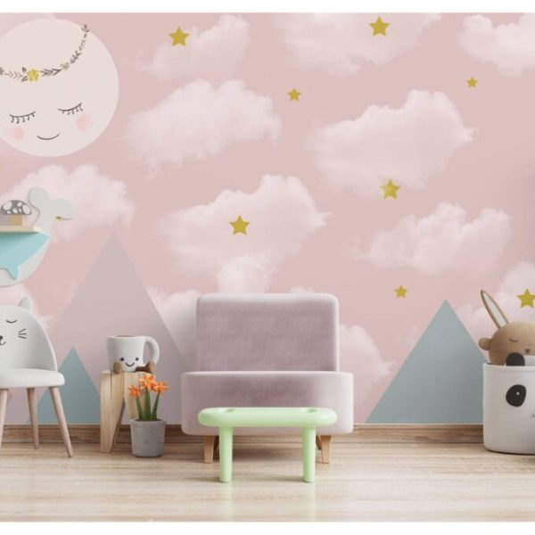 Pink Clouds Stars Smily Moon Wall Mural