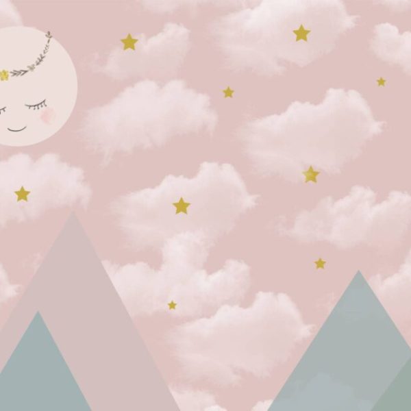 Pink Clouds Stars Smily Moon Wall Mural
