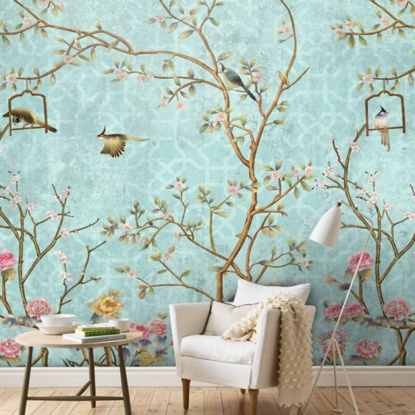 Blue Tones Flowers And Birds Wall Mural