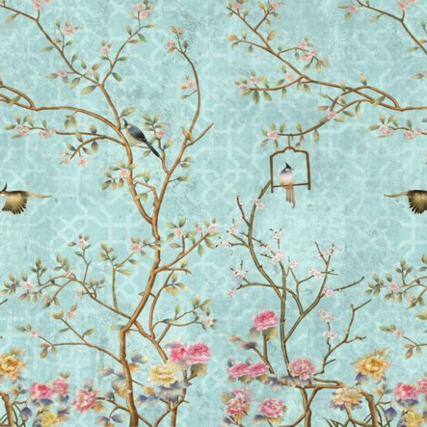 Blue Tones Flowers And Birds Wall Mural