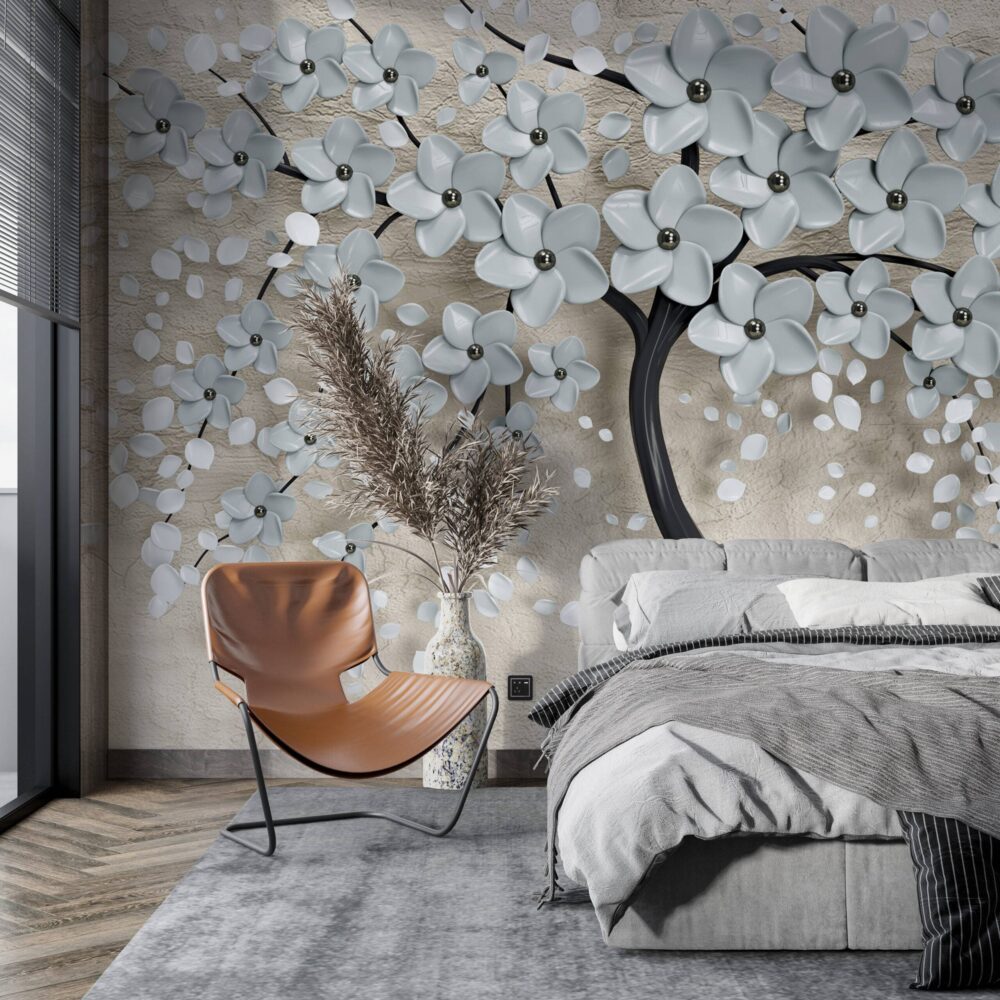 Silver Tree White Flower Wall Mural