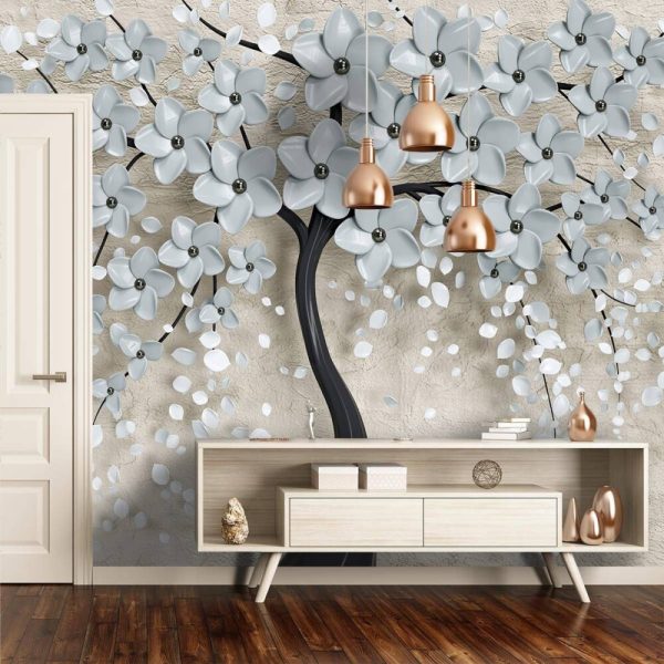 Silver Tree White Flower Wall Mural