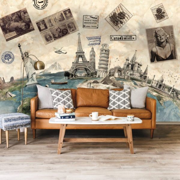 Wonders World With Post Cards Wall Mural