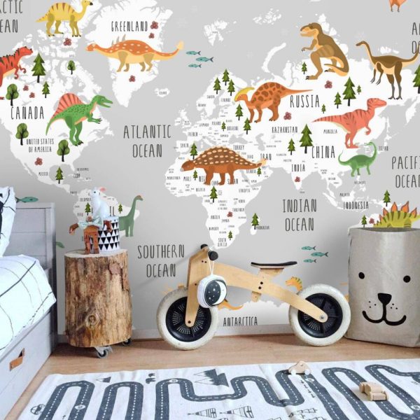 World Map With Dinosaurs Wall Mural