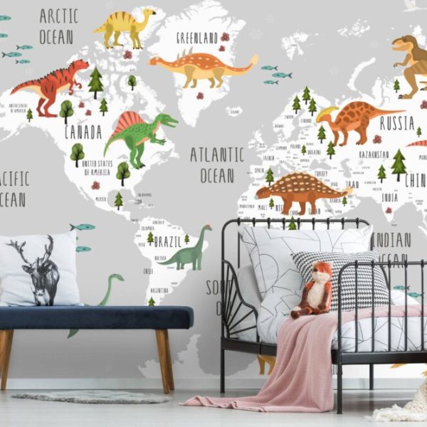 World Map With Dinosaurs Wall Mural
