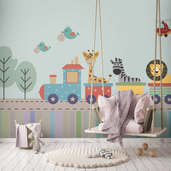 Animals On Train For Kids Wall Mural