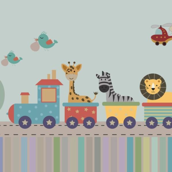 Animals On Train For Kids Wall Mural