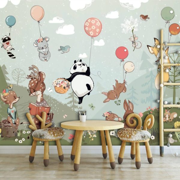 Cute Animals Playing Balloons Wall Mural