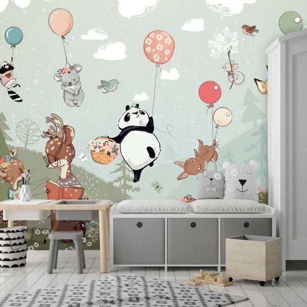 Cute Animals Playing Balloons Wall Mural