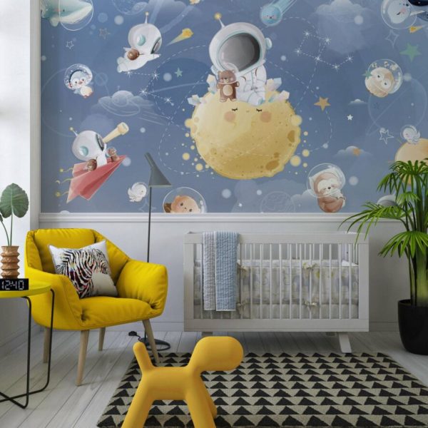 Muravie Cartoon Animal Astronauts On Moon Wallpaper, Blue Tones Moon And Space Animals Kids Poster, Stary Nursery Wallcoverings Muravie-7010 Muravie-7010 Muravie-7010