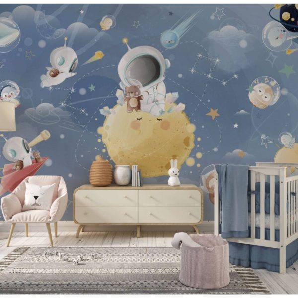Muravie Cartoon Animal Astronauts On Moon Wallpaper, Blue Tones Moon And Space Animals Kids Poster, Stary Nursery Wallcoverings Muravie-7010 Muravie-7010 Muravie-7010